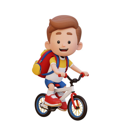 3D kid character ride bike go to schoolの写真素材