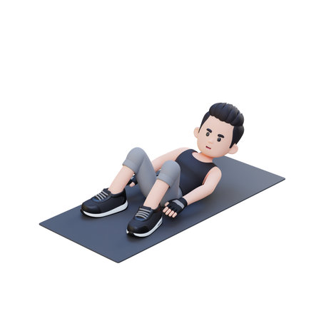 Dynamic 3D Sporty Male Character Mastering the Hell Touch Workout at Home Gymの写真素材