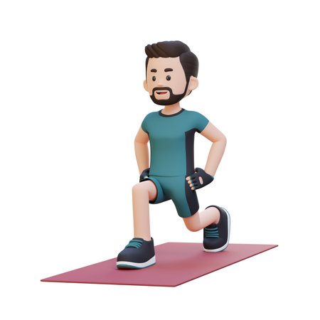 3D Sporty Male Character Performing Dynamic Lunges at the Gymの写真素材