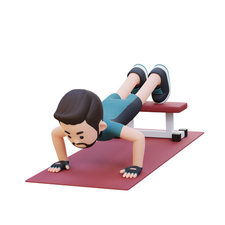 3D Sporty Male Character Performing Decline Push Up Exercise at the Gymの写真素材