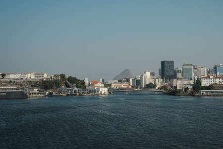 Bridge, buildings, and mountains in Rio de Janeiro. Brazil.のeditorial素材