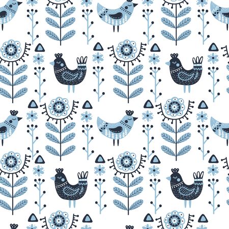 Folk art birds in Nordic style seamless pattern. Scandinavian ornament background with floral elements. Folklore vector illustration. Perfect for wrapping paper, wallpaper, textile designのイラスト素材