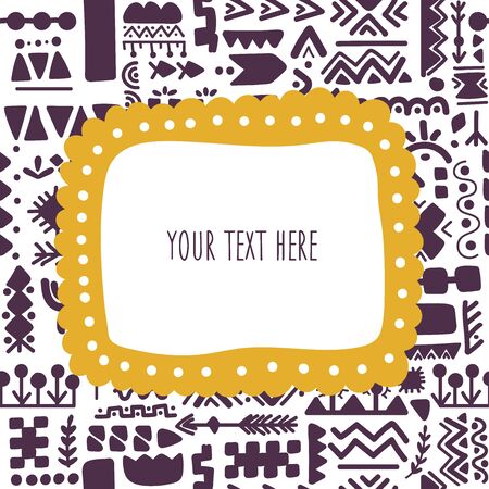 Vector frame template in folk art style with decorative and ethnic elements. Ornate vector illustration in a flat style. Perfect for wedding invitations, greeting cards, postcards, festival postersのイラスト素材
