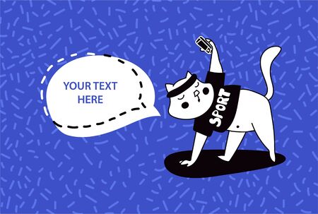 Kawaii cat fitness blogger invites followers to the online workout class. Social media influencer with a speech bubble. Cute doodle vector illustration. Perfect for banners, invitationsのイラスト素材