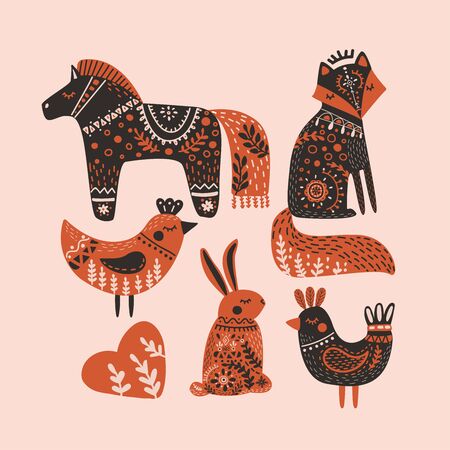 Cute folk art animals in flat style. Hand drawn vector illustration in Scandinavian style with fox, hare, horse and birds. Perfect for print, postcard, greeting card, T-shirt and textile designのイラスト素材