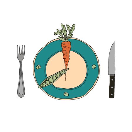 Intermittent fasting concept. Time plate divided into sectors according to 16 8 scheme. Veggies with fork and knife. Modern approach to health longevity, weight loss. Hand drawn vector illustration のイラスト素材