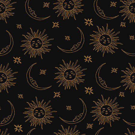Wiccan seamless pattern with magic symbols: sun and moon. Witchcraft vector illustration in hand...