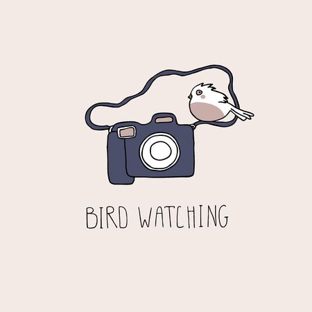 Birdwatching and ornithology concept. Bird watching icon, logo, emblem. Birding vector illustration with birdwatcher camera and a cute cartoon bird in doodle styleのイラスト素材