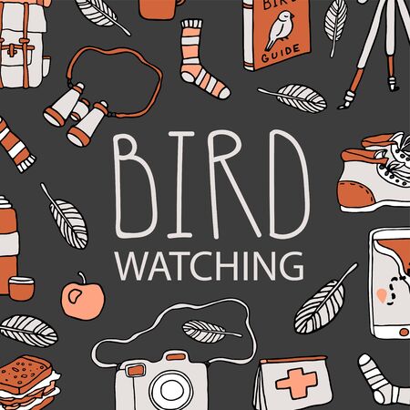 Birdwatching and ornithology concept. Young girl bird watching with binoculars and feeding a bird. Vector illustration with birdwatcher equipment. Guide, camera, backpack, snack, boots, first aid kitのイラスト素材