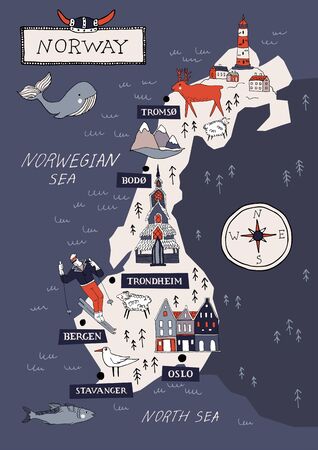 Cartoon Norway vector map. Travel Scandinavia concept. Nordic culture elements and landmarks set. Lighthouse, flora and fauna, church, skiing, scandinavian house. Hand drawn doodle style illustration.のイラスト素材