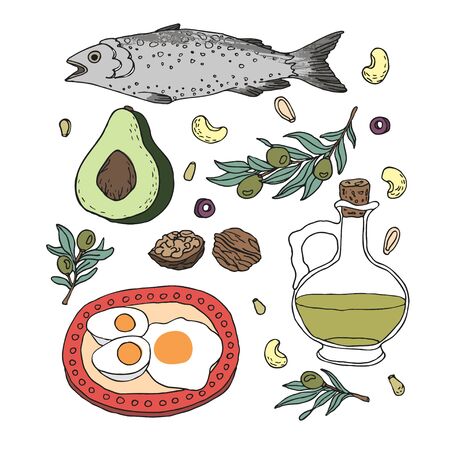 Healthy fat nutrition concept. Hand drawn ketogenic diet food vector illustration in doodle style. Keto diet low carb weight loss lifestyleのイラスト素材