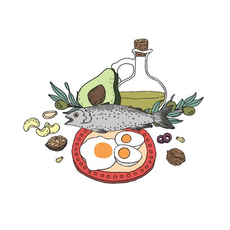 Healthy fat nutrition concept. Hand drawn ketogenic diet food vector illustration in doodle style. Keto diet low carb weight loss lifestyleのイラスト素材