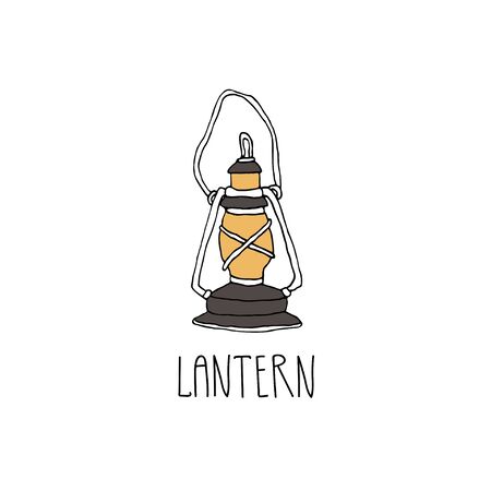 Vintage lantern doodle illustration. Cartoon hand drawn vector gas lamp in sketch style with lettering on white backgroundのイラスト素材