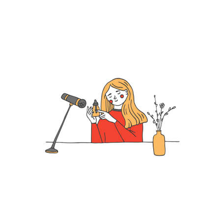 Girl recording nails tapping on a glass bottle as an ASMR trigger sound for good sleep. Blogger or influencer recording new audio or video for social media. Process of making ASMR sounds vector illustrationのイラスト素材