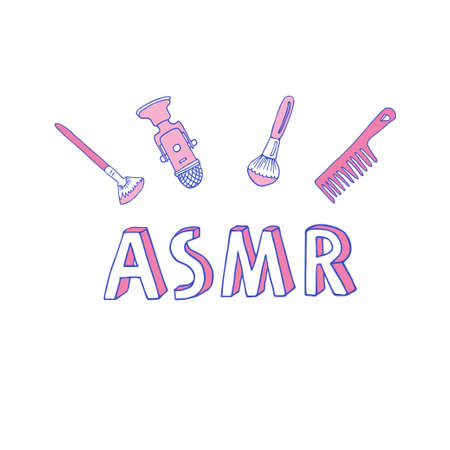 ASMR logo, emblem including equipment. Microphone and brushes to make stimulational sounds. Autonomous Sensory Meridian Response lettering in hand drawn line art styleのイラスト素材