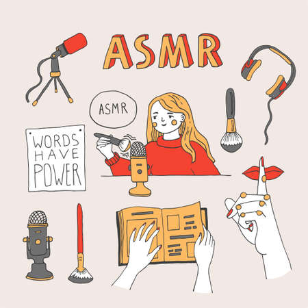 ASMR triggers and equipment set. Young woman recording ASMR sounds using a brush to create content for social media. Vector illustration with lettering in a hand drawn styleのイラスト素材
