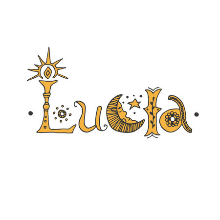 Saint Lucia Day handdrawn ornate lettering. Nordic Christmas tradition vector illustration. Text with decorative elements. Perfect for cards, posters, prints and invitationsのイラスト素材