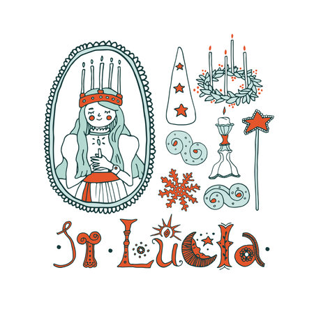 Santa Lucia Day celebration elements set. Young girl wearing a candle crown. Saffron buns, christmas wreath, snowflake and hand drawn ornate lettering. Perfect for cards, posters and invitationsのイラスト素材