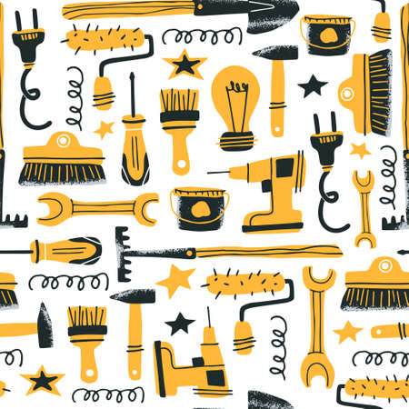 DIY store concept. Home renovation tools seamless pattern. Vector illustration of instruments and supplies in a flat style. Perfect for hardware store poster, flyer, wrapping paper or textileのイラスト素材