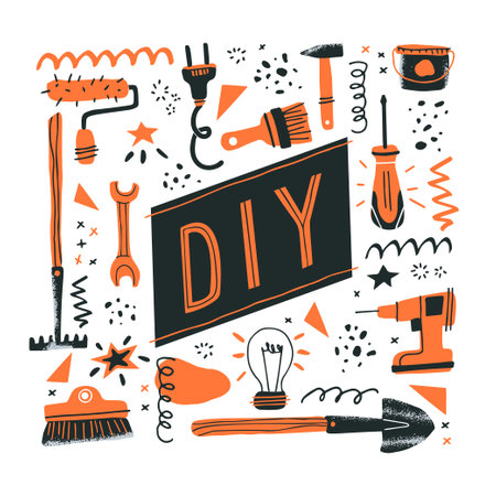 DIY shop concept. Do it yourself hand drawn lettering. Vector illustration of instruments for home renovation and decor in a flat style. Perfect for poster, banner or flyerのイラスト素材