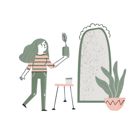 Woman holding vase in a furniture store. Home decor and accessories concept. Home decoration elements set including mirror, plant, table and vase. Interior design vector illustration in a flat styleのイラスト素材