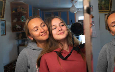 Happy selfie of mother and daughterの写真素材