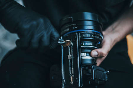 Professional operator fix camera holder close shootの写真素材