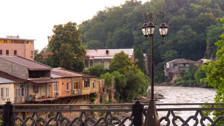 View of old styled lantern on the bridge above the river in the ancient townの写真素材