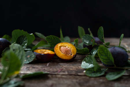 Beauty still life photo of ripe plum. Countryside scene with organic foodの写真素材