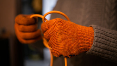 A hands of a man in orange work gloves untangle orange wire. He wear Synthetic fiber closesの写真素材