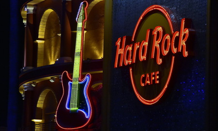 Orlando, Florida July 27, 2018: Neon Guitar, Hard Rock Cafe at Universal Studios CityWalk in Orlando, Floridaのeditorial素材