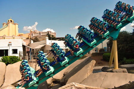 Orlando, Florida. September 21, 2018. Young people entering the tunnel in Kraken Rollercoaster at Seaworld.のeditorial素材