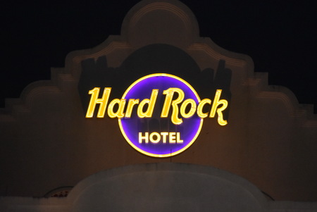 Orlando, Florida. October 17, 2018 Hard Rock Hotel sign at night in Universal Studios area.のeditorial素材