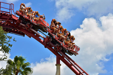 Orlando, Florida; August 13, 2018 Universal Studios Rollercoaster with excited riders