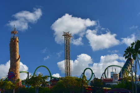 Orlando, Florida. October 19, 2018 Panoramic view of Island of Adventure on cloudy blue sky background.のeditorial素材