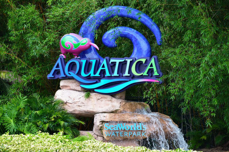 Orlando, Florida; July 27, 2018 Aquatica Water Park sign in International Drive Area. Colorful Card.