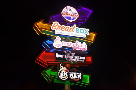 Orlando, Florida; August 17, 2018 Neon restaurant signs, at Universal Citywalk.のeditorial素材