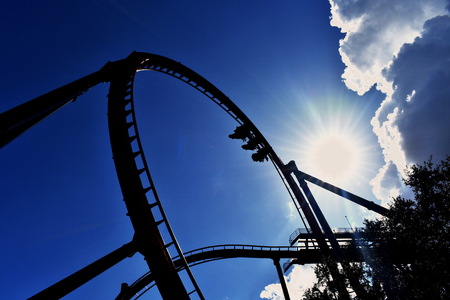 Tampa, Florida. October 06, 2018 .Beautiful silhouette of Sheikra Rollercoaster on sunset background at Bush Gardens Tampa Bayのeditorial素材