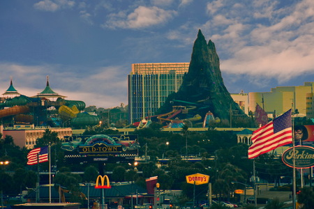 Orlando, Florida. October 22, 2018 Panoramic view of Volcano Bay and International Drive area on blue cloudy sky background.のeditorial素材