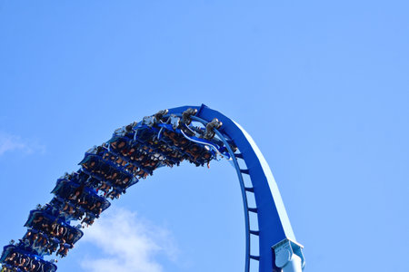 Orlando, Florida. October 19, 2018 People enjoying Manta Ray funfair rollercoaster at Seaworld Ocean...