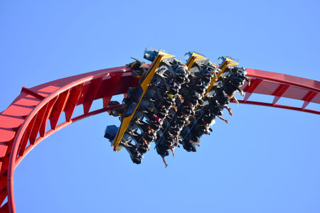 Tampa, Florida. October 25, 2018. People enjoying amazing inverted rollercoaster at Bush Gardens...