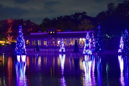 Orlando, Florida. November 21, 2018. Colorful illuminated Christmas trees and their reflection in the lake at night in International Drive area.のeditorial素材