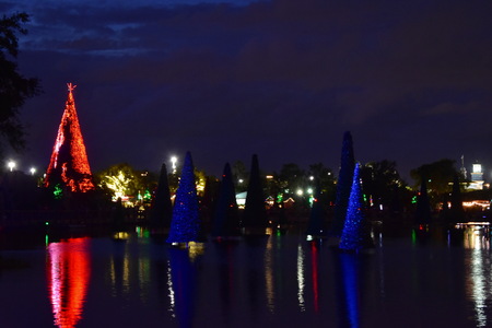 Orlando, Florida. November 25, 2018. Colorful illuminated Christmas trees and their reflection in the lake at Seaworld Theme Park. (10)のeditorial素材