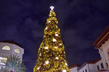 Orlando, Florida. November 10, 2018 Top view of illuminated and decorated Christmas tree at night on open mall in Lake Buena Vista areaのeditorial素材