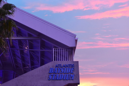Orlando, Florida. November 17, 2018. Top view of Stadium on colorful sunset background in International Drive area.のeditorial素材