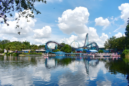 Orlando, Florida. November 15, 2018 Panoramic view of Mako and Kraken Rollercoaster in Seaworld Theme Park.のeditorial素材