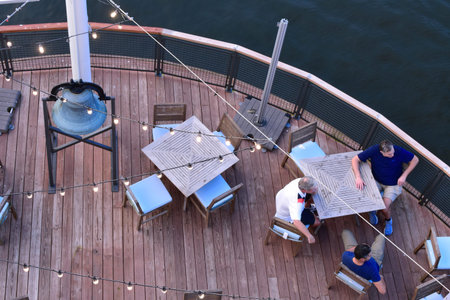 Orlando, Florida. November 24, 2018 People enjoying boat restaurant at Lake Buena Vista
