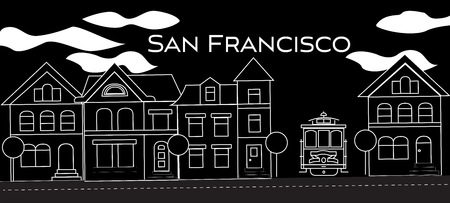 San Francisco white lettering. Vector with victorian houses and cable car on black background. Travel Postcard.のイラスト素材