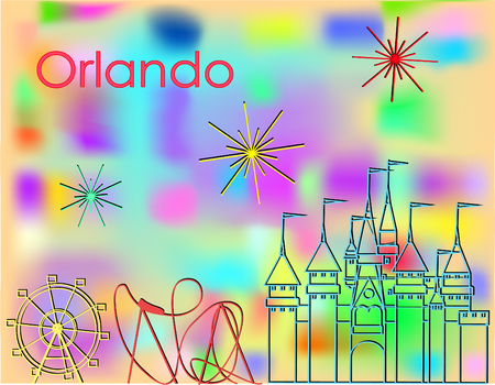 Orlando Icons multicolored line on abstract colorful background. Roller Coaster, Big Wheel, Castle and fireworksのイラスト素材
