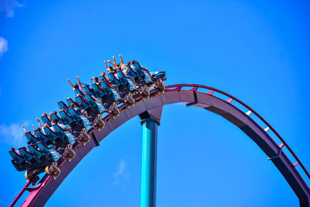 Orlando, Florida. December 26, 2018. People enjoy thrills for ride of the Mako roller coaster in amusement park at Seaworld in International Drive area (7)のeditorial素材